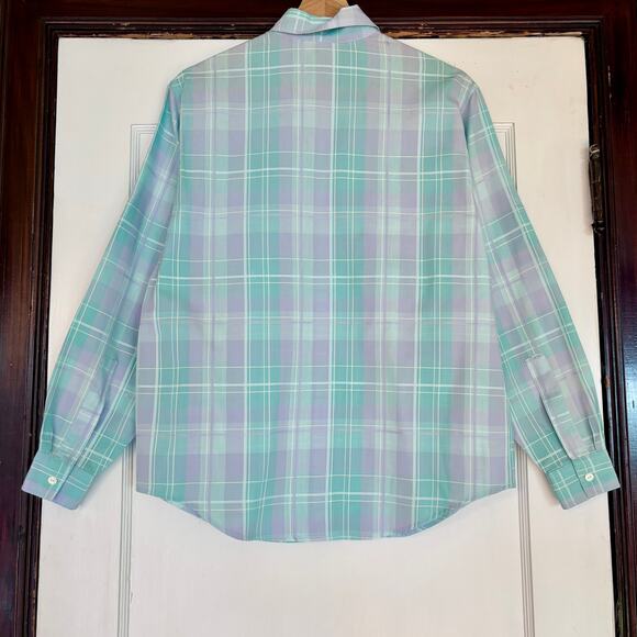 Vintage Turquoise Blue and Purple Plaid Button Down Shirt -- Size Medium - Picture 3 of 4